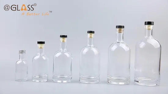 Atacado 100ml/200ml/375ml/500ml/700ml/750ml/1L Garrafa de vidro para bebida alcoólica Nórdica redonda vazia com rolha de madeira