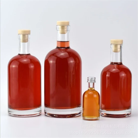 Fornecedor de garrafa de vidro mini forma redonda 100ml 200ml 250ml 500ml 700ml 1000ml Pesado Cork Top Lagrge Wine Whiskey Brandy Tequila Gin Garrafa com Cortiça